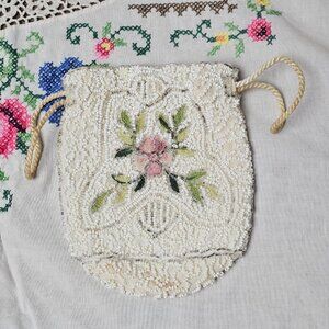 Victorian Seed Beed Embroidery Rose Flower Pink White Drawstring Bag Purse
